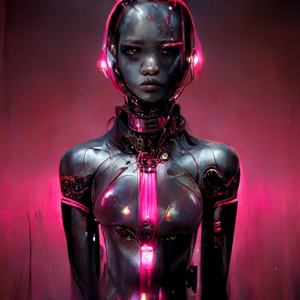A digital artwork depicting a humanoid figure with a dark, metallic body and glowing pink internal components, set against a pink background. The figure has a sleek, futuristic design with visible mechanical details on its head and torso.
