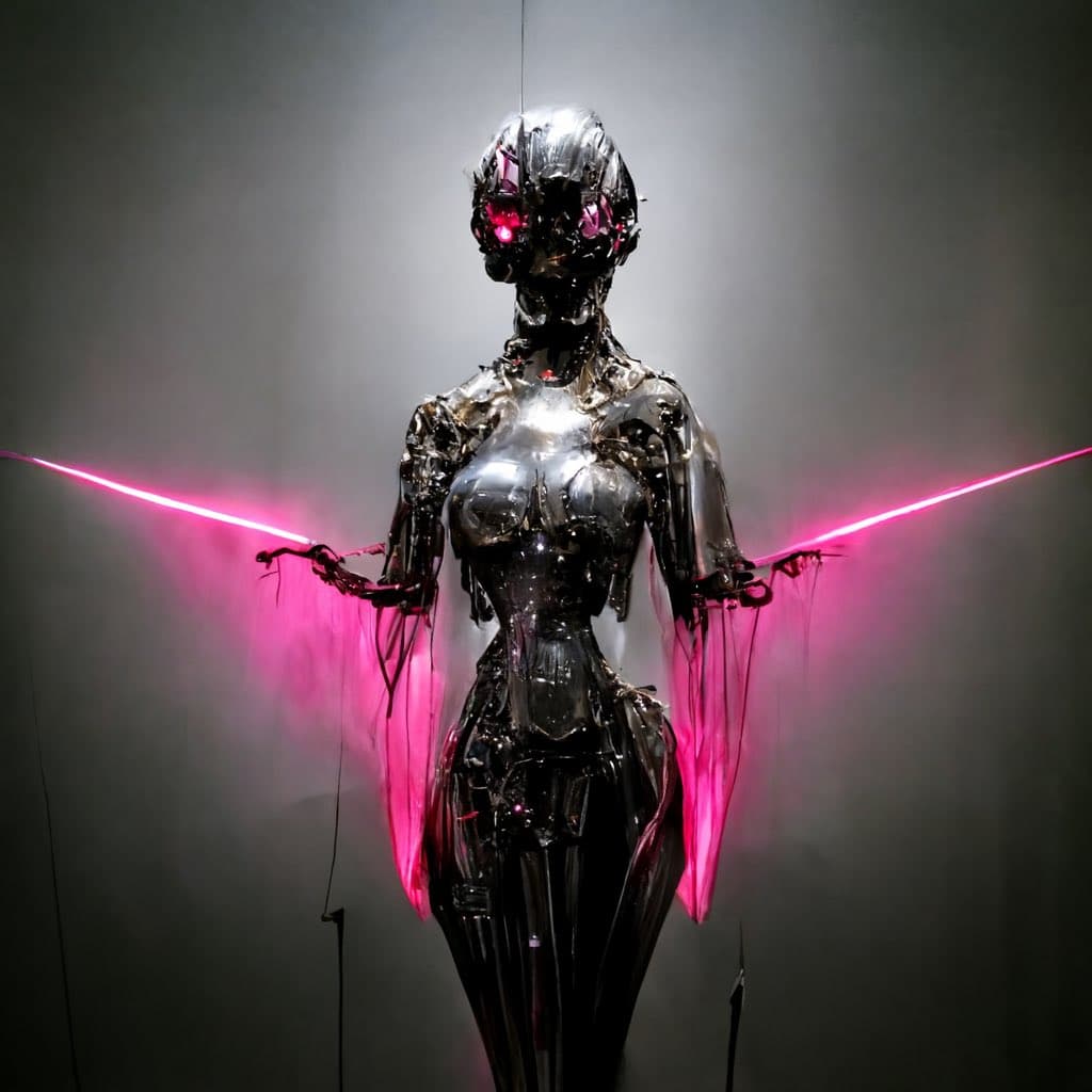 A full-body photograph of a humanoid robot with a glossy, metallic chrome exterior and glowing red eyes, standing against a dark background. The robot holds two long, glowing pink light beams that extend horizontally from its hands, creating a dramatic, futuristic aesthetic.
