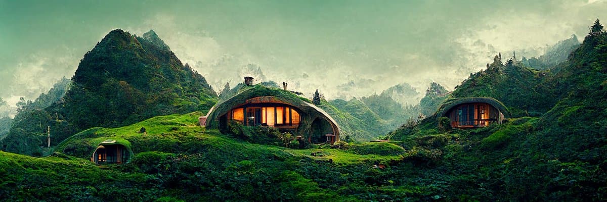 A wide landscape photograph of a lush, green hillside featuring several round, hobbit-style houses with glowing windows nestled into the grass, set against a backdrop of misty mountains.