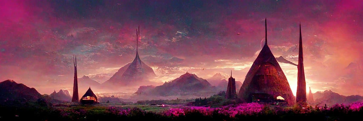 A wide, panoramic digital artwork depicting a fantasy landscape at sunset, featuring a field of purple flowers in the foreground and several large, conical, thatched-roof structures with tall spires in the midground, set against a dramatic pink and orange sky.
