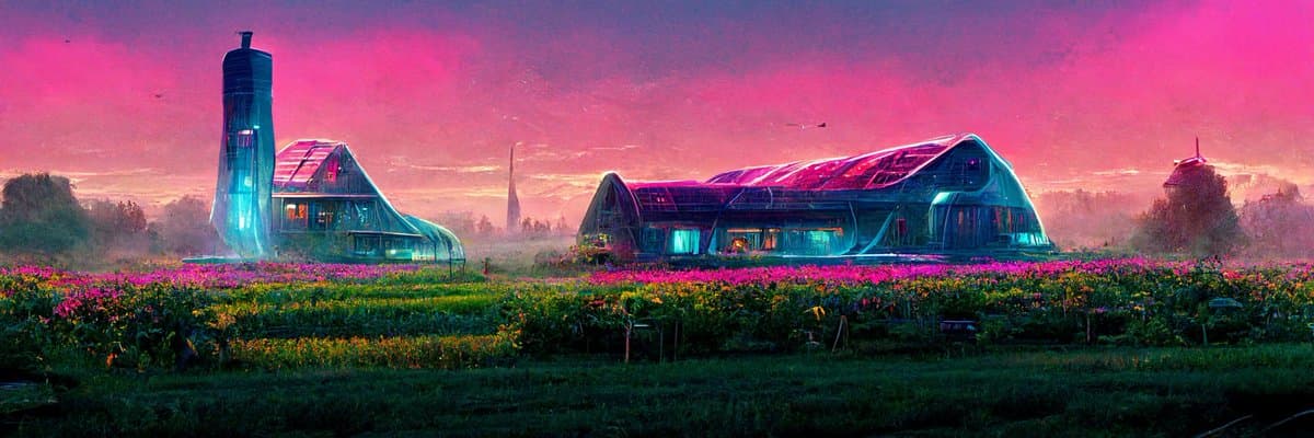 A wide, panoramic digital artwork depicting a futuristic landscape at dusk. The scene features a field of vibrant pink and purple flowers in the foreground, with sleek, glass-walled buildings and a tall tower glowing with blue light in the midground, all set against a dramatic pink and orange sky.