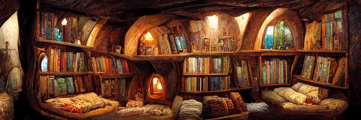 A cozy, fantasy-style library carved into a tree or rock, featuring curved wooden shelves filled with colorful books, warm candlelight, and cushioned seating areas.