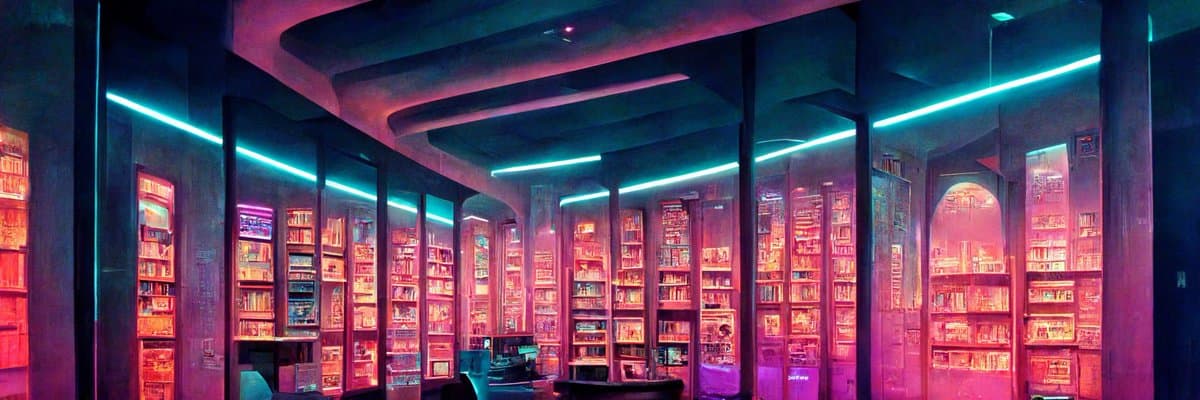 A wide-angle photograph of a library interior illuminated by vibrant neon lighting, featuring rows of bookshelves filled with books under glowing blue and pink lights.