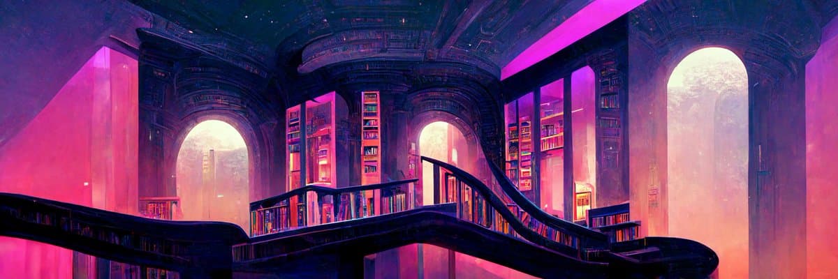 A digital illustration of a grand, futuristic library interior featuring sweeping spiral staircases, towering bookshelves, and large arched windows, all bathed in vibrant pink and purple lighting.