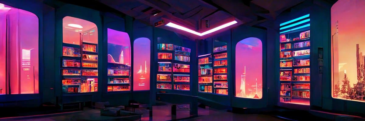 A wide-angle photograph of a futuristic, neon-lit library or reading room with teal walls, illuminated bookshelves, and large arched windows showing a pink-hued cityscape. The scene is bathed in vibrant pink and purple lighting, creating a sci-fi atmosphere. There are no visible people in the room.