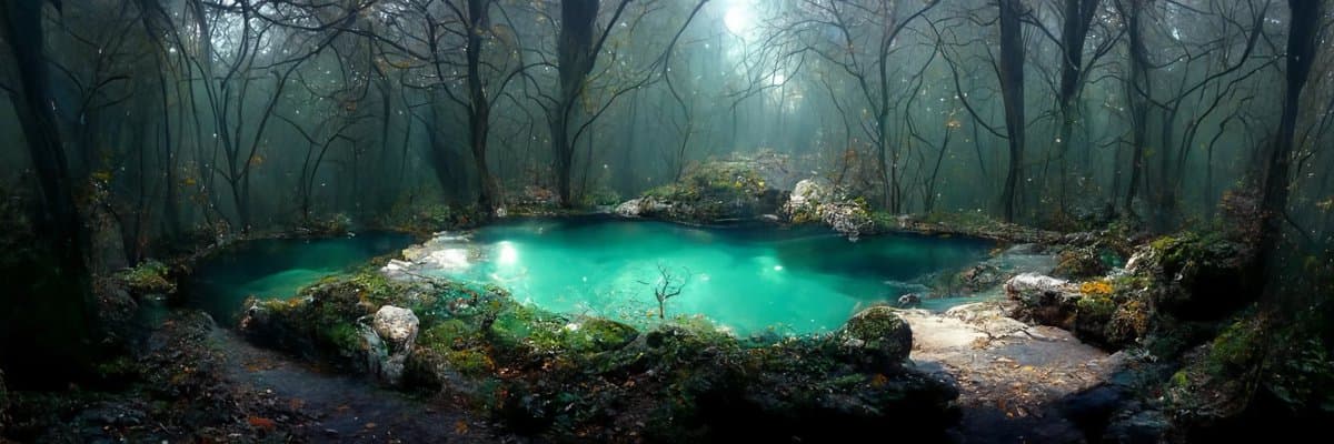 A wide, panoramic view of a serene, turquoise-colored natural pool or spring nestled in a misty, dense forest. The water is surrounded by mossy rocks and bare trees, with sunlight filtering through the foggy canopy above.