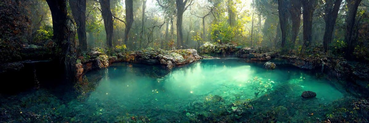 A panoramic photograph of a serene, turquoise-colored natural spring or pool surrounded by a misty forest with tall trees and rocky banks. Sunlight filters through the fog, illuminating the water and the surrounding foliage.