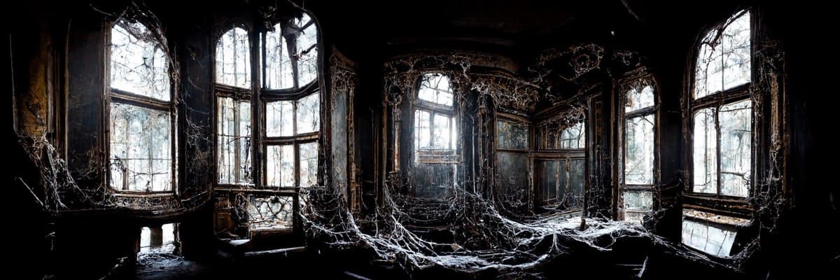 A panoramic photograph of a dark, abandoned interior room covered in thick cobwebs, featuring several tall, arched windows with broken glass.