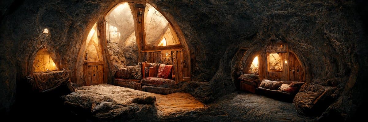 A wide, panoramic view of a cozy, rustic interior carved into a rocky cave, featuring arched wooden doors, warm lighting, and comfortable seating areas with cushions and blankets.