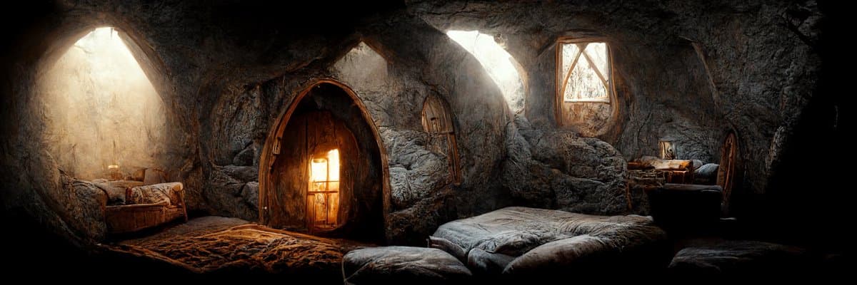 A wide, panoramic view of a rustic, cave-like interior with rough stone walls, arched doorways, and small windows letting in natural light. The room is furnished with simple beds, a rug, and a glowing lantern, creating a cozy, medieval atmosphere.