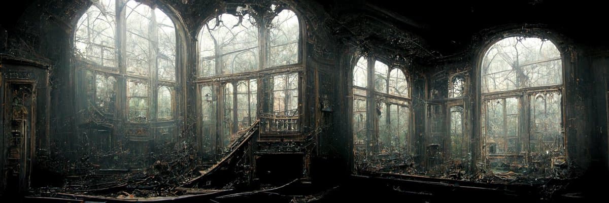 A panoramic view of a dark, dilapidated interior with large arched windows, showing extensive decay and debris on the floor. The scene has a gothic, abandoned atmosphere with light filtering through the broken window panes.