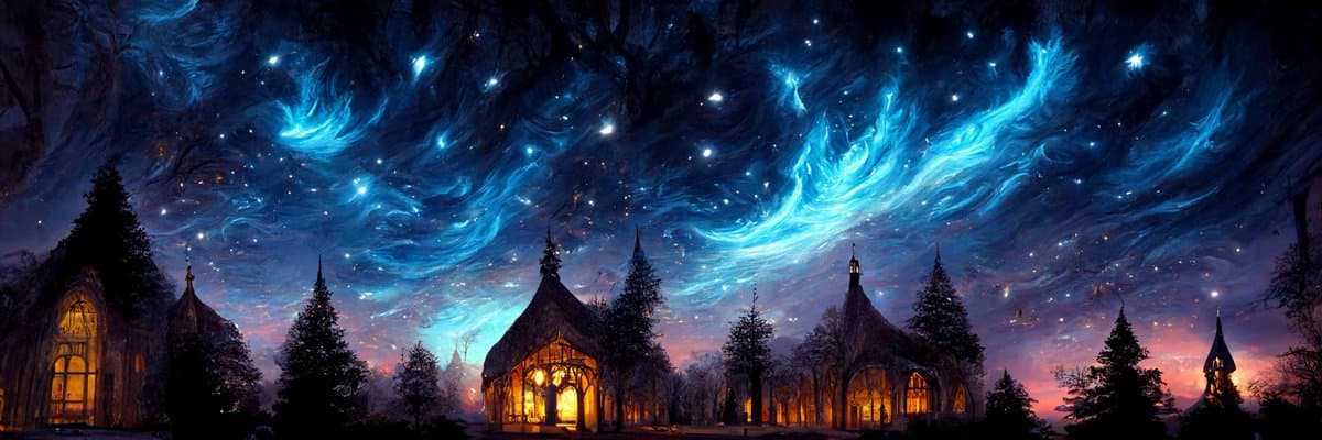 A digital fantasy landscape featuring a row of illuminated, thatched-roof cottages and tall pine trees under a dramatic night sky filled with swirling blue aurora-like lights and stars. The scene has a magical, ethereal atmosphere with warm light glowing from the buildings' windows against the cool blue and purple tones of the sky.