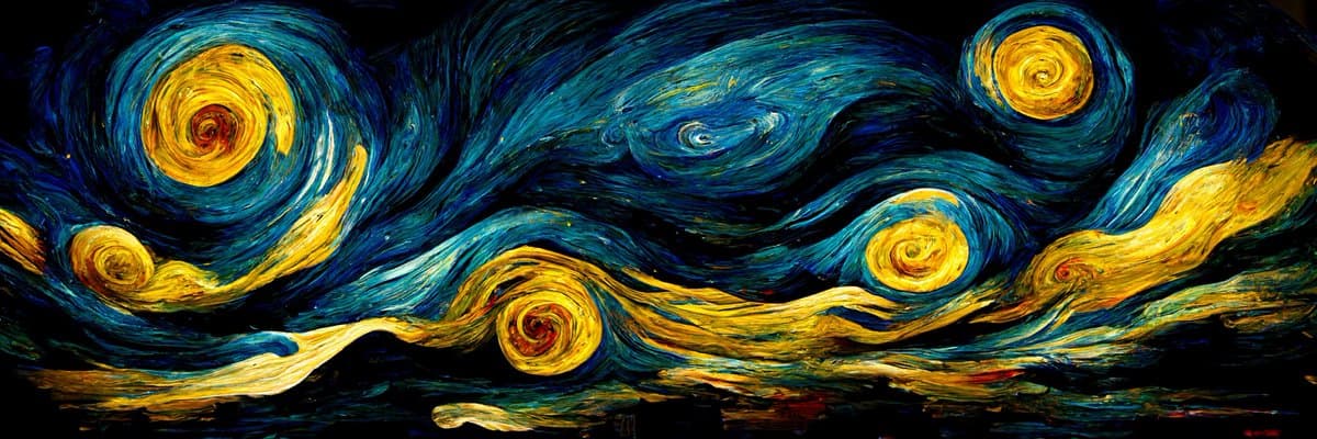 A wide, panoramic digital artwork or painting depicting a swirling night sky in the style of Van Gogh's 'The Starry Night,' featuring large yellow and blue vortexes against a dark background. The image has no text, making it a purely visual piece.