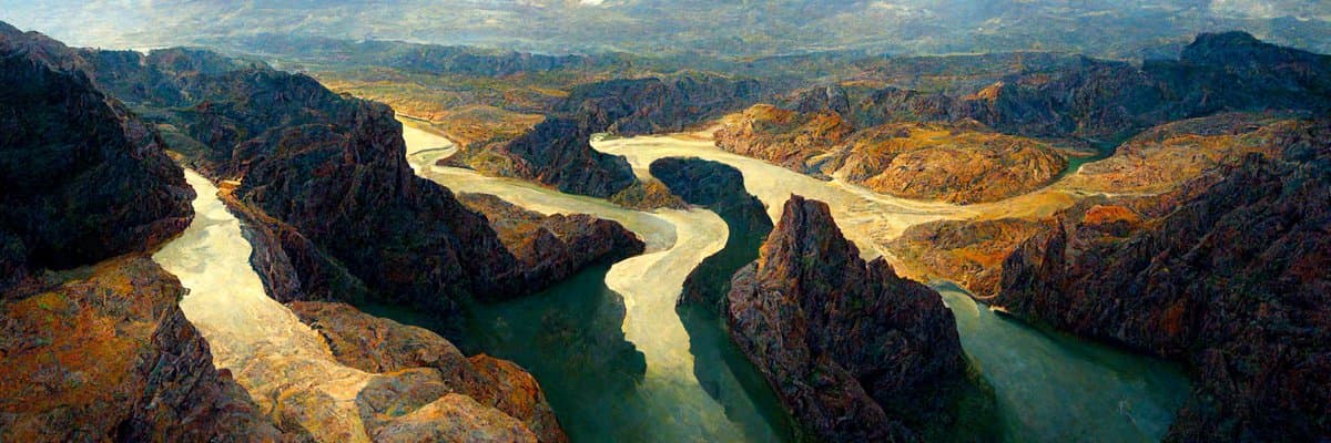 A wide, panoramic landscape painting depicting a winding river flowing through a rugged, rocky canyon with steep cliffs and distant mountains under a cloudy sky. The scene is rendered in earthy tones of brown, orange, and green, with the river appearing light-colored as it snakes through the terrain. The image has the style of a classical oil painting, likely in the Hudson River School tradition.