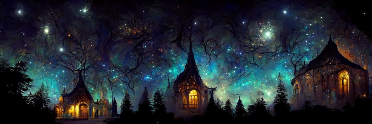 A wide, panoramic digital illustration depicting a fantasy forest at night, featuring several whimsical, cottage-like structures with glowing windows nestled among bare trees under a vibrant, star-filled sky with teal and purple nebulae.
