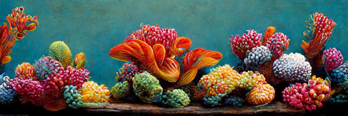 A vibrant, colorful underwater scene featuring a diverse array of coral formations in various shapes and hues, including reds, oranges, pinks, yellows, and blues, set against a deep blue background.
