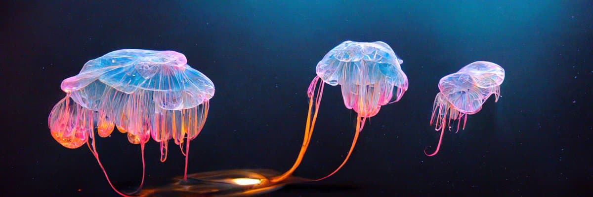 A photograph of three translucent jellyfish with pink and blue hues floating in dark water, illuminated from below.