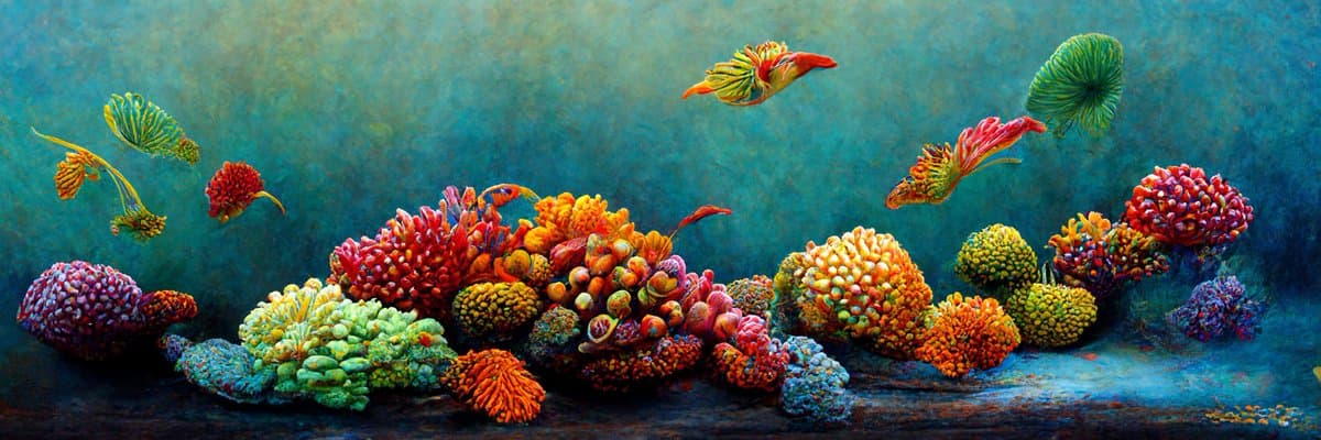 A vibrant, painterly artwork depicting a colorful underwater scene with various coral formations and small fish swimming against a teal background. The image features a rich palette of reds, oranges, yellows, and greens, creating a lively and detailed seascape.