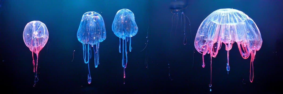 A wide, panoramic photograph of five bioluminescent jellyfish floating in dark water, illuminated with blue and pink light. The jellyfish are arranged in a row, with the largest one on the far right.