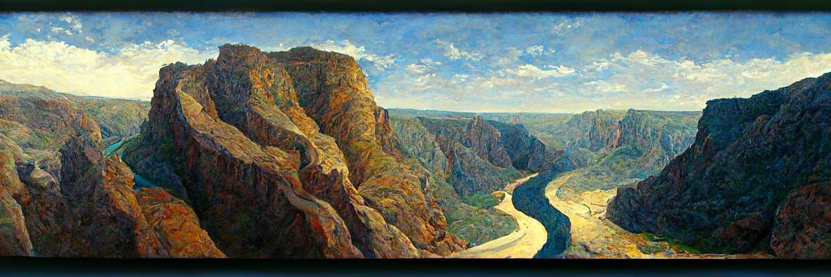 A panoramic landscape painting depicting a wide river winding through a rugged, rocky canyon under a partly cloudy blue sky. The scene features steep, textured cliffs in earthy tones of brown, orange, and green.