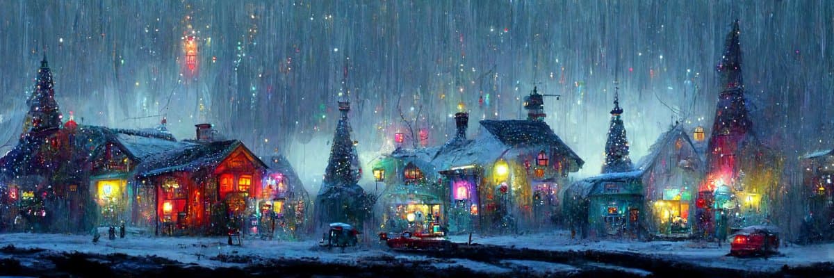 A digital painting of a snowy village at night, featuring colorful, illuminated houses and tall, decorated trees under a falling snow sky. The scene has a magical, festive atmosphere with warm lights glowing from the windows and storefronts.