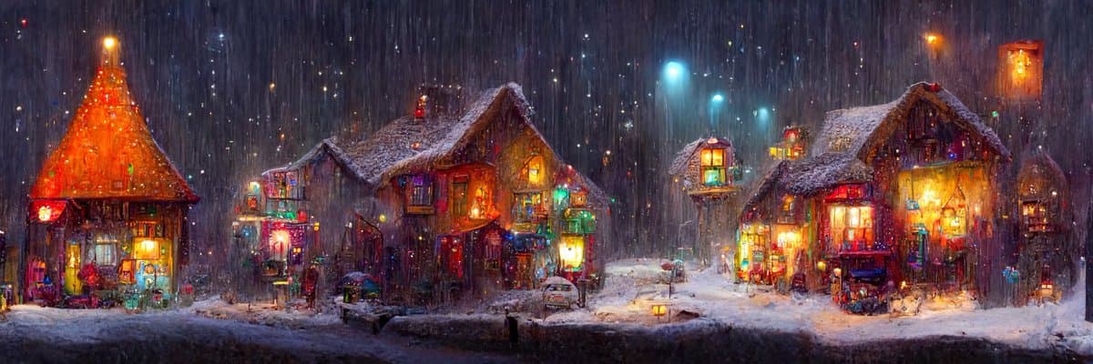 A digital painting depicting a whimsical, snow-covered village at night, featuring colorful, illuminated houses with glowing windows and festive decorations amidst falling snow.