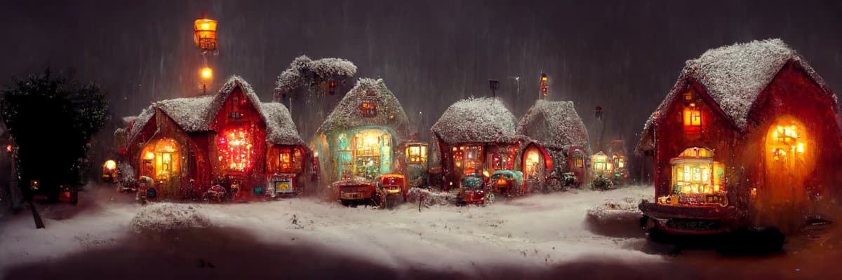 A wide, panoramic digital illustration of a cozy, snow-covered village at night, featuring several small, warmly lit houses with red and green facades. The scene is set in a snowy landscape with falling snow, illuminated by glowing windows and street lamps, creating a festive and magical atmosphere.
