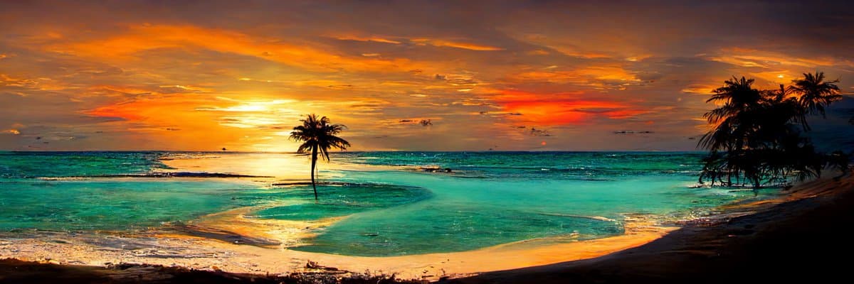 A panoramic landscape photograph of a tropical beach at sunset, featuring a vibrant orange and yellow sky, turquoise water, and silhouetted palm trees.