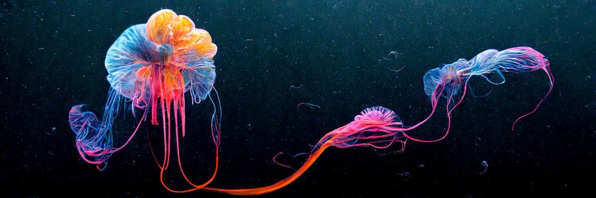 A wide underwater photograph showing several colorful jellyfish with vibrant orange, blue, and pink bodies and long trailing tentacles against a dark background. The largest jellyfish is on the left, with smaller ones trailing to the right.