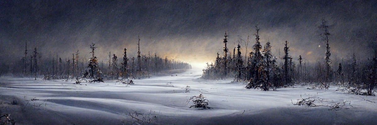 A wide landscape photograph of a snowy forest at night, featuring a snow-covered ground and sparse, dark trees under a cloudy sky with a faint glow on the horizon.