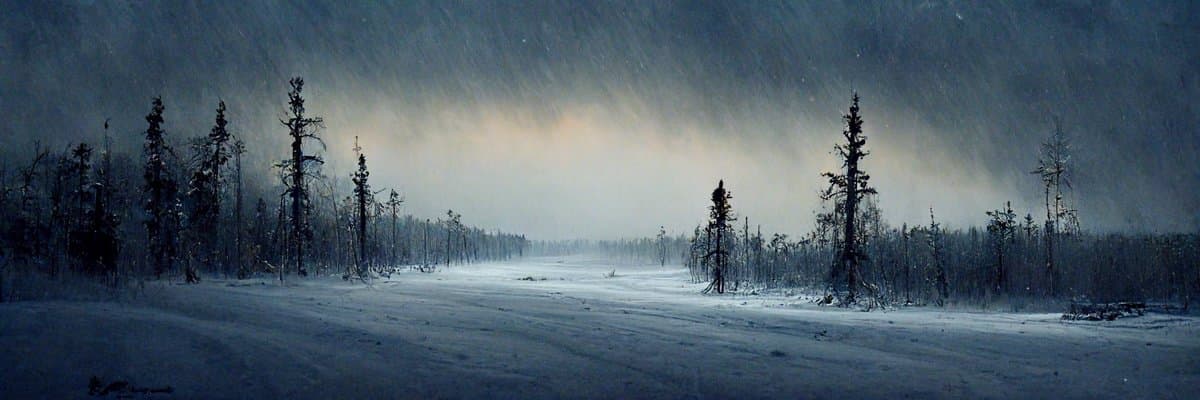 A wide, panoramic photograph of a snowy forest landscape at night, featuring a snow-covered clearing surrounded by tall, dark pine trees under a dark sky with a faint glow on the horizon.