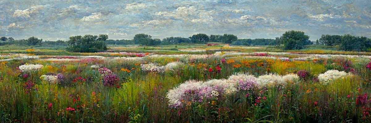 A wide landscape painting depicting a vast meadow filled with colorful wildflowers, including white, pink, and orange blooms, under a cloudy sky with a line of trees in the distance.