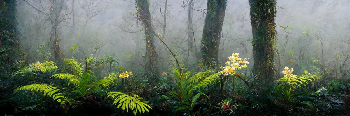 A wide landscape photograph of a misty forest featuring tall, moss-covered trees and a lush undergrowth of green ferns and yellow wildflowers.