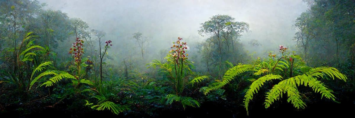 A panoramic landscape photograph of a misty forest with lush green ferns and flowering plants in the foreground. The background shows tall trees partially obscured by thick fog, creating a serene and atmospheric scene.