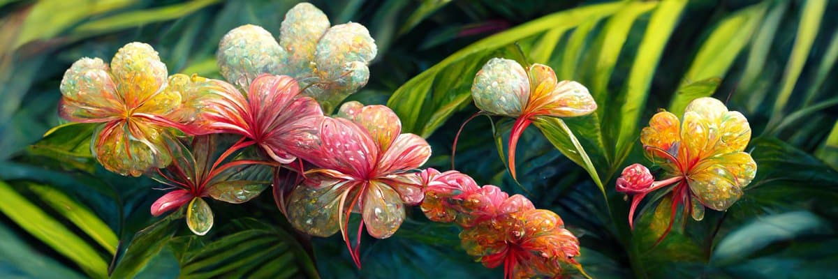 A vibrant digital painting of fantastical, bioluminescent flowers with translucent, bubble-like petals in shades of pink, yellow, and blue, set against a backdrop of large, striped green leaves.