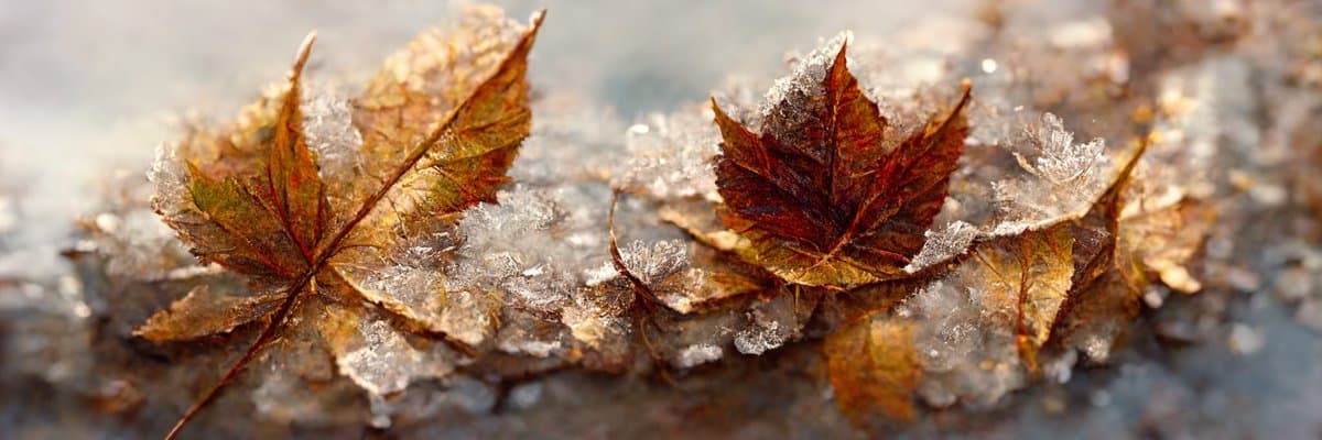 A close-up photograph of several brown, autumn maple leaves partially covered in a layer of frost or ice.