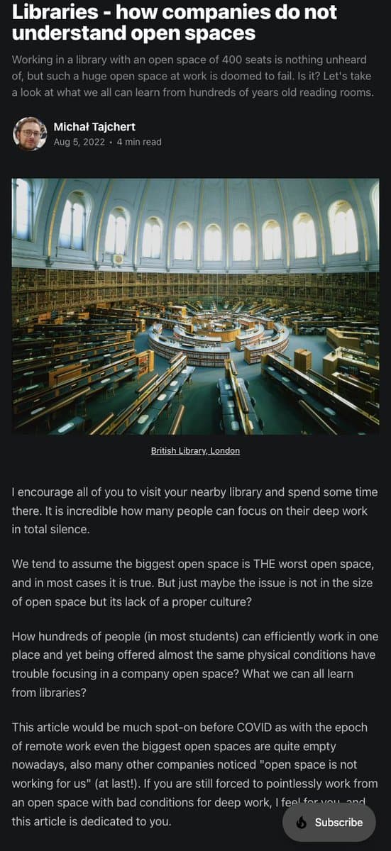 A screenshot of a Medium article titled "Libraries - how companies do not understand open spaces" by Michał Tachert. The article features a large photograph of the circular reading room at the British Library in London, surrounded by text discussing the effectiveness of library open spaces compared to corporate environments.