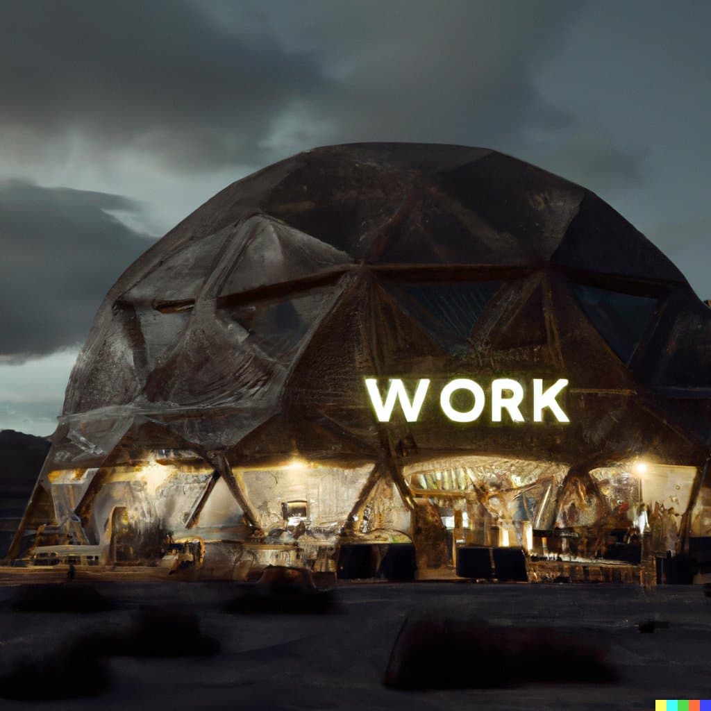 A digital illustration of a large, geodesic dome structure on a barren, rocky landscape under a cloudy sky, resembling a Mars habitat. The word "WORK" is displayed in bright, illuminated letters on the side of the dome, with interior lights visible through the structure's panels.