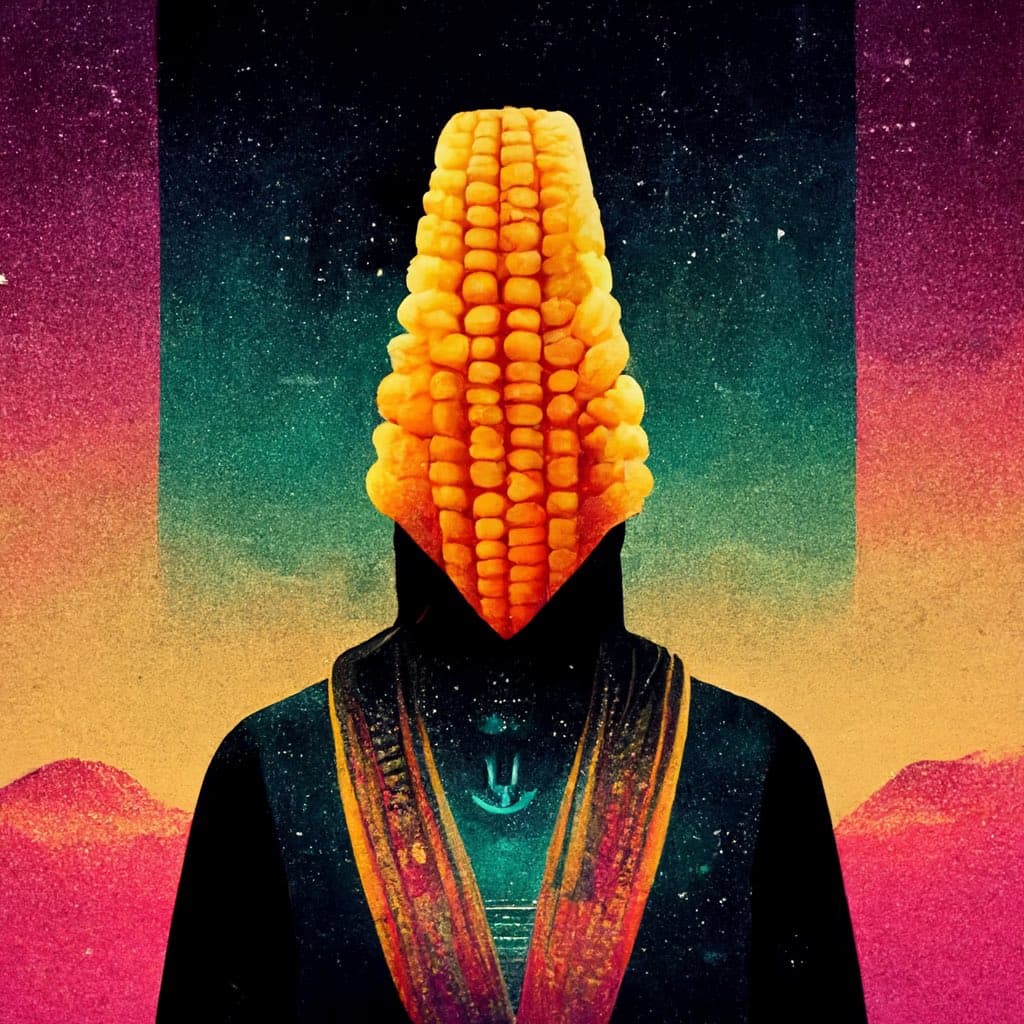 A surreal digital artwork depicting a figure in a dark robe with a corn cob replacing their head, set against a colorful, gradient background with a starry sky effect. The figure wears a patterned sash and a small emblem is visible on their chest.