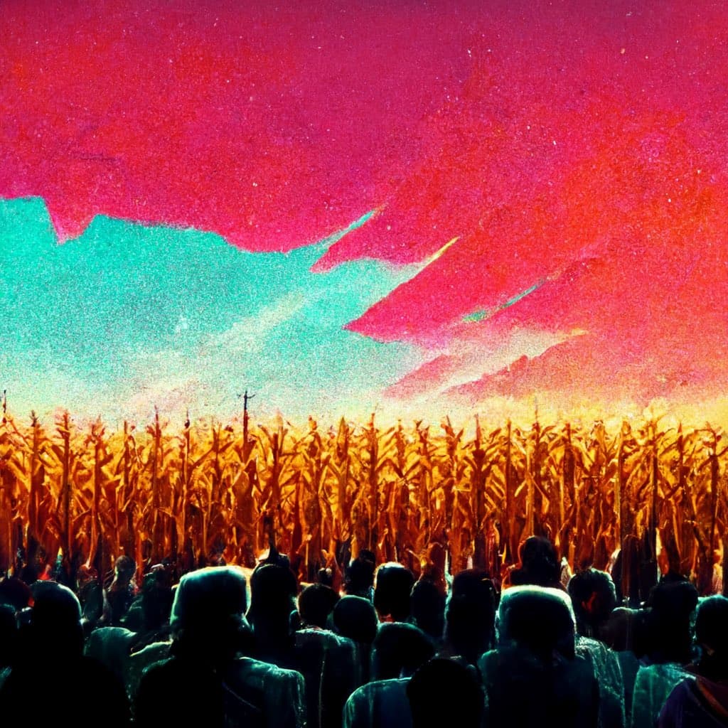 A stylized, grainy photograph showing a crowd of people from behind, standing in a field of tall corn under a vibrant, surreal sky with pink and teal hues. The image has a retro, high-contrast color palette and appears to be a piece of digital art or a heavily edited photo.