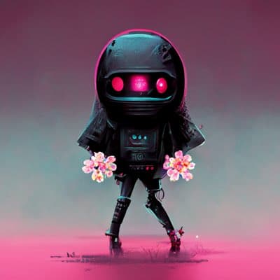 A digital illustration of a small, chibi-style character wearing a black, hooded cyberpunk outfit with glowing pink eyes and holding pink flowers in both hands. The character stands on a pink ground against a hazy, gradient background that transitions from pink to teal. The image has a dark, futuristic aesthetic with a cute, ghostly appearance.