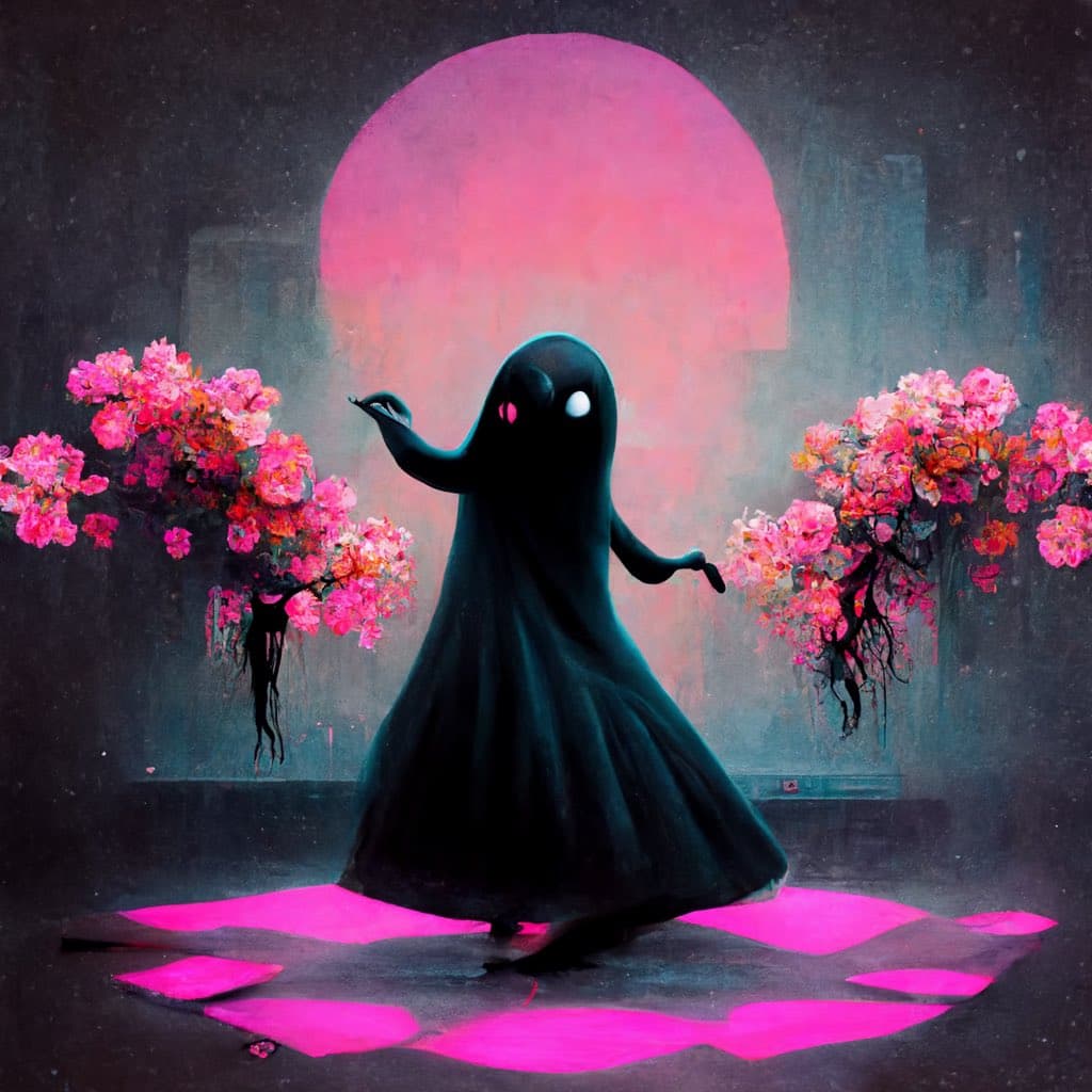 A digital illustration of a black, ghost-like figure with glowing eyes standing on a pink-lit stage, flanked by vibrant pink floral arrangements against a backdrop of a large pink moon and a dark cityscape.