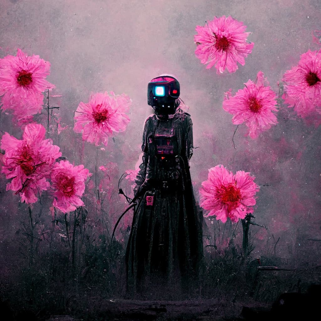 A digital painting depicts a humanoid figure in a dark, futuristic suit and helmet with a glowing blue visor, standing in a field of large, vibrant pink flowers against a hazy, muted background.