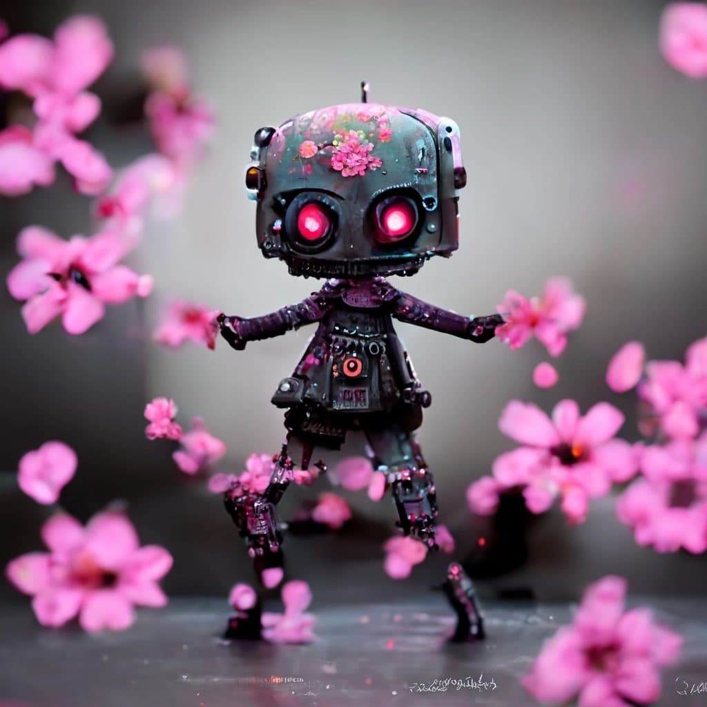 A digital artwork depicting a small, stylized robot with glowing red eyes and a floral pattern on its head, standing amidst falling pink cherry blossom petals. The robot has a dark, metallic body with intricate mechanical details and is posed with its arms outstretched.