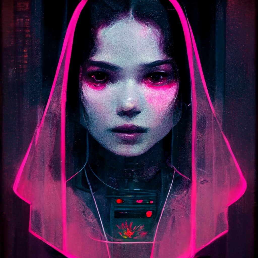 A digital art portrait of a person with a robotic neck and glowing red eyes, wearing a translucent veil with neon pink trim. The image has a dark, cyberpunk aesthetic with pink and blue lighting.