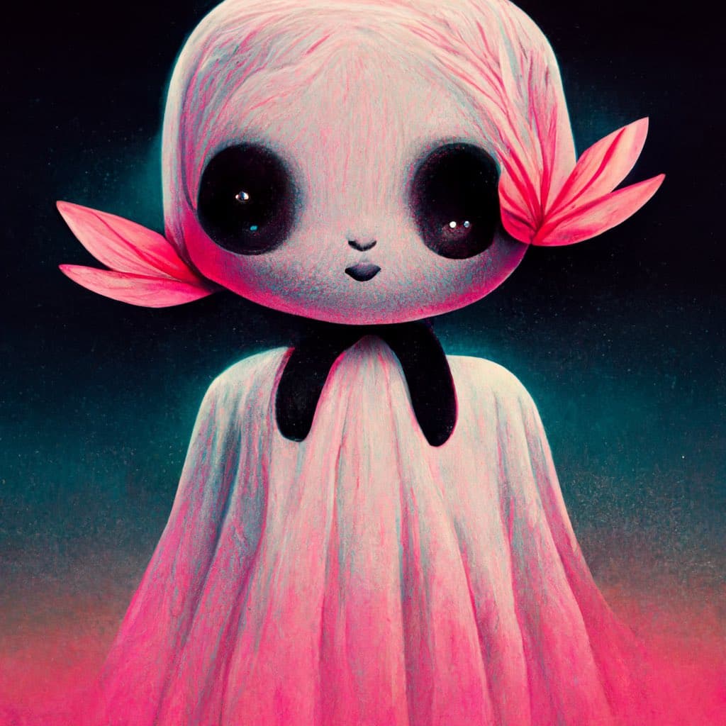 A digital illustration of a whimsical, doll-like character with large black eyes, pink hair, and pink leaf-like ears, wearing a flowing pink and white robe against a dark background. The image has a soft, painterly texture with a glowing aura around the figure.