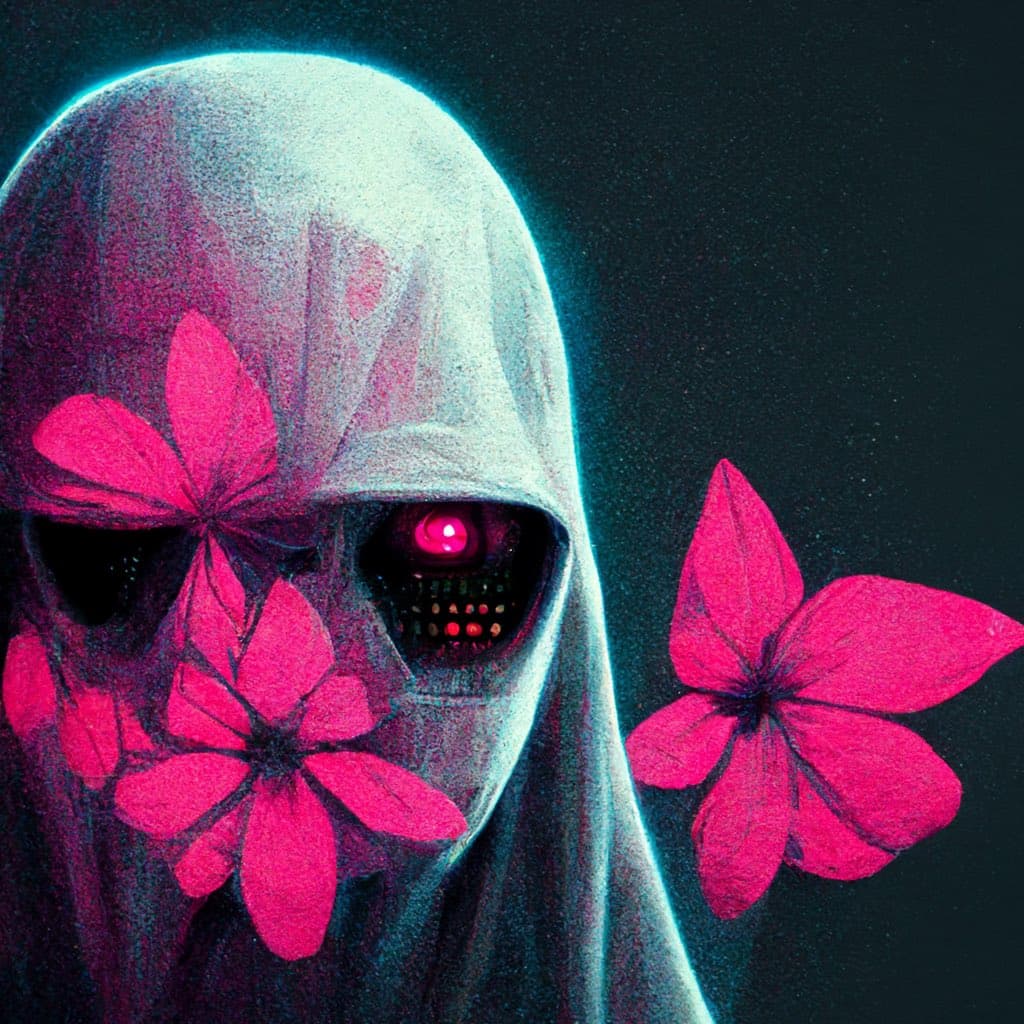 A digital illustration of a hooded, ghost-like figure with a glowing red eye and a grid of small lights in its face, surrounded by vibrant pink flowers against a dark background. The image has a surreal, eerie aesthetic with neon color accents.
