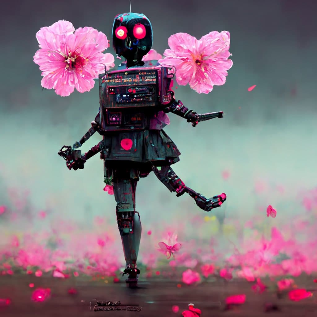 A digital artwork depicting a small, humanoid robot with a retro boombox for a torso and glowing red eyes, running through a field of pink flowers. The robot has large pink flowers attached to its shoulders and is captured in a dynamic pose against a soft, blurred background.