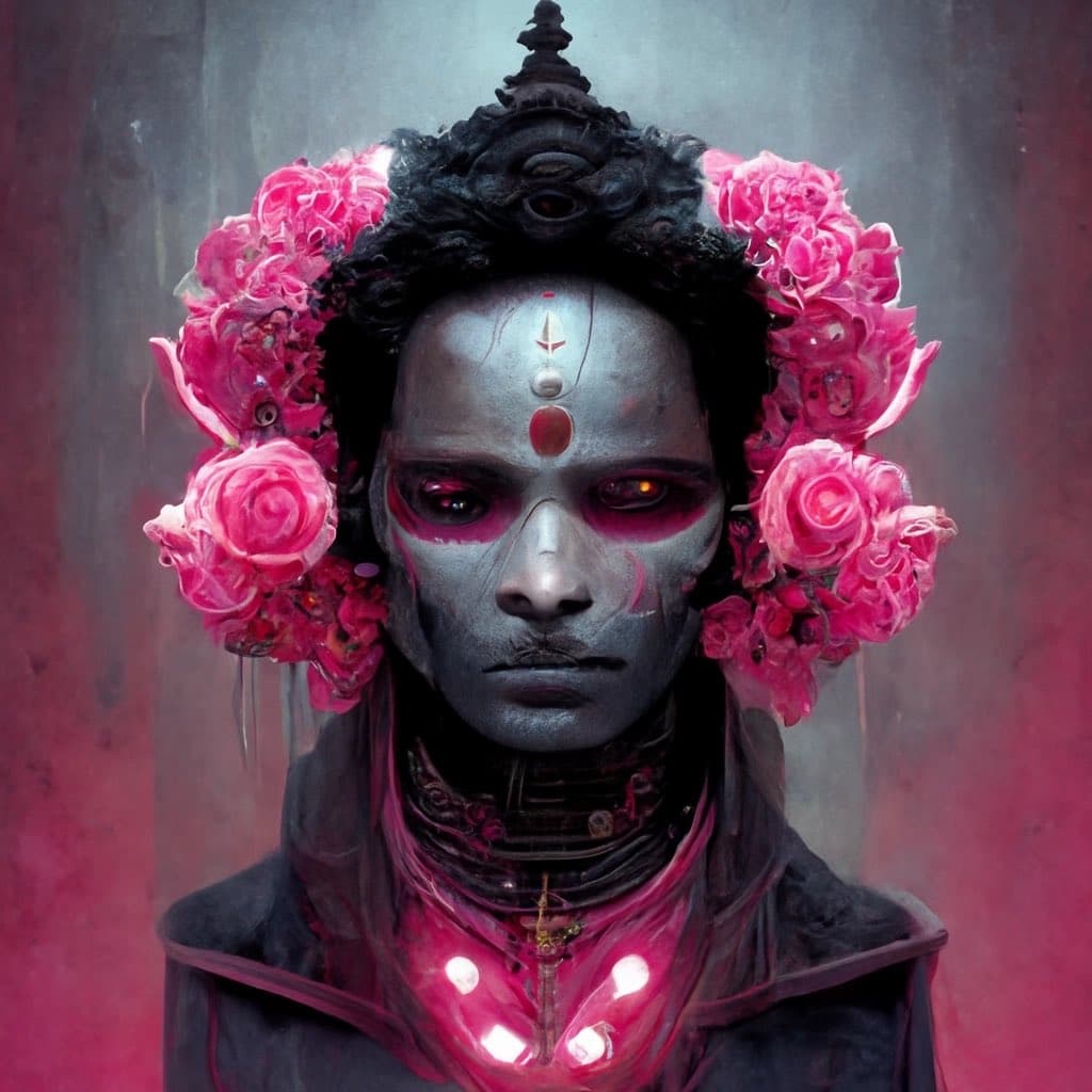 A digital artwork depicting a figure with pale, ghostly skin, glowing red eyes, and elaborate pink floral headpieces, set against a muted background. The figure wears dark clothing with glowing pink accents on the chest and has intricate markings on the forehead.
