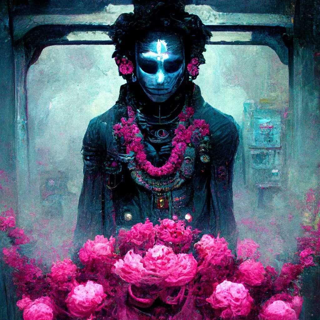 A digital painting of a figure with a glowing white skull face, dark hair, and a black outfit, adorned with a pink flower garland and standing behind a large arrangement of pink flowers. The background is a muted, textured blue-green wall.